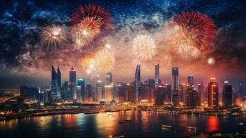 AI generated A stunning fireworks display lighting up the night sky above a city skyline photo