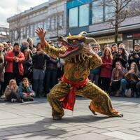 AI generated A street performer dressed as a dragon, dancing and entertaining a captivated audience photo