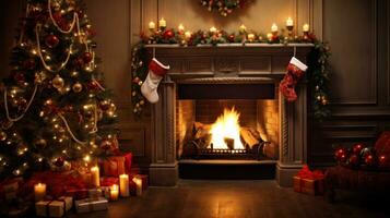 ai generado un calentar y acogedor Navidad escena con un chimenea, decorado con guirnaldas y medias foto