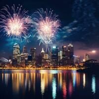 AI generated A stunning fireworks display lighting up the night sky above a city skyline photo