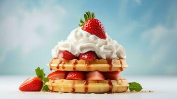 AI generated A stack of waffles with whipped cream and sliced strawberries on top photo