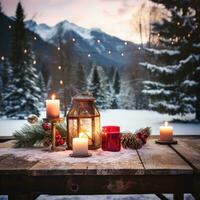 AI generated A rustic wooden table with Christmas decorations and candles photo