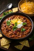 ai generado un picante y sabroso chile sopa con oferta trozos de carne de res, frijoles, y un espolvorear de rallado queso foto