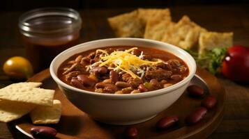 AI generated A spicy and flavorful chili soup with tender chunks of beef, beans, and a sprinkle of grated cheese photo