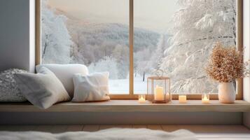AI generated A snowy landscape is visible through a window, with a warm and inviting interior visible in the foreground photo