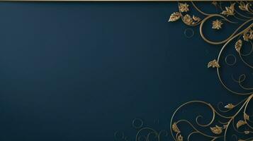 AI generated A shimmering gold frame with elegant swirls surrounds a deep blue background photo