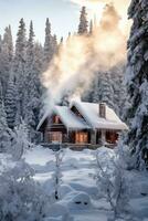 AI generated A snow-covered cabin nestled in the woods with smoke billowing from the chimney photo