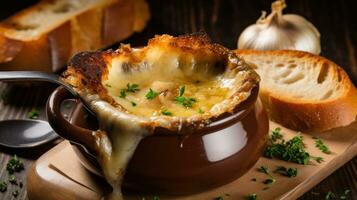 AI generated A rustic French onion soup with gooey melted cheese on top and a thick slice of bread for dipping photo