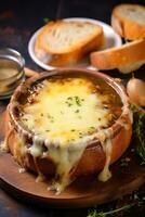 AI generated A rustic French onion soup with gooey melted cheese on top and a thick slice of bread for dipping photo