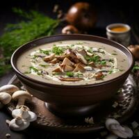 ai generado un Rico seta sopa con terroso shiitake hongos y un remolino de crema para adicional decadencia foto