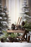 AI generated A rustic Christmas scene with a wooden sled, pine cones, and evergreen branches photo