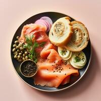 AI generated A plate of smoked salmon, cream cheese, and bagel with capers and red onion photo