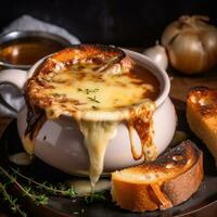 AI generated A rustic French onion soup with gooey melted cheese on top and a thick slice of bread for dipping photo