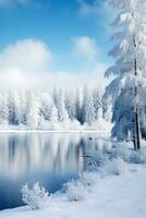 AI generated A picturesque winter landscape with snow-covered trees and a frozen lake photo