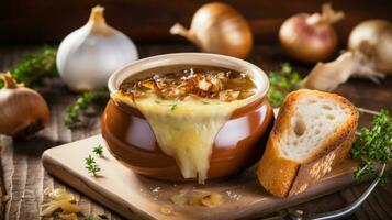 AI generated A rustic French onion soup with gooey melted cheese on top and a thick slice of bread for dipping photo