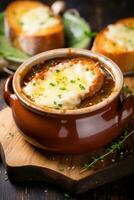 AI generated A rustic French onion soup with gooey melted cheese on top and a thick slice of bread for dipping photo