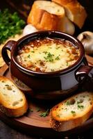 AI generated A rustic French onion soup with gooey melted cheese on top and a thick slice of bread for dipping photo