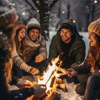 AI generated A group of friends gathered around a bonfire in the snow photo