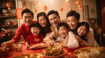 ai generado chino nuevo año tarjeta rodeado por un jubiloso familia, simbolizando unidad, amar, y prosperidad foto