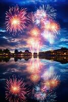 AI generated view of fireworks lighting up the sky above a river, with the reflection of the colors on the water photo