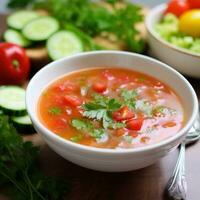 AI generated light and refreshing gazpacho soup with bright red tomatoes, crisp cucumbers, and of olive oil photo