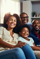 ai generado un contento familia de cuatro sentado en un cómodo sofá, con grande sonrisas en su caras foto