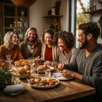 ai generado un grupo de amigos reunir alrededor un desayuno mesa, disfrutando un calentar y abundante comida juntos foto