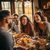 ai generado un grupo de amigos reunir alrededor un desayuno mesa, disfrutando un calentar y abundante comida juntos foto