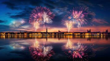 AI generated view of fireworks lighting up the sky above a river, with the reflection of the colors on the water photo