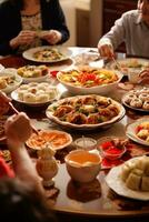 ai generado un familia reunido alrededor un mesa, disfrutando un tradicional chino nuevo año banquete presentando empanadillas foto