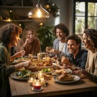 AI generated A group of friends gather around a breakfast table, enjoying a warm and hearty meal together photo