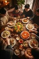 AI generated A family gathered around a table, enjoying a traditional Chinese New Year feast featuring dumplings photo