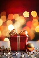 AI generated A festive Christmas scene with a red and gold present wrapped in ribbon. photo