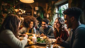 AI generated A group of friends gather around a breakfast table, enjoying a warm and hearty meal together photo