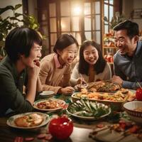 AI generated A family gathered around a table, enjoying a traditional Chinese New Year feast featuring dumplings photo