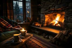 AI generated A cozy cabin interior with a roaring fireplace, soft blankets, and a hot cup of tea photo