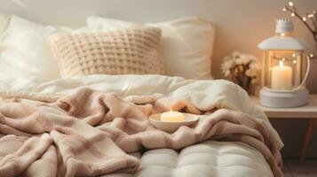 ai generado un acogedor cama con mullido mantas y almohadas es visible en un calentar y atractivo dormitorio foto