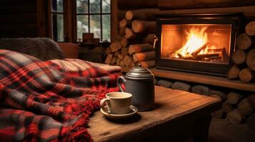 AI generated A cozy cabin interior with a roaring fireplace, soft blankets, and a hot cup of tea photo