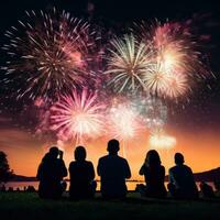 AI generated A colorful photo of fireworks bursting in the sky, with a silhouette of people watching in the foreground