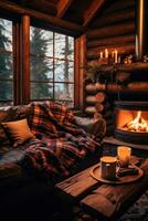 AI generated A cozy cabin interior with a roaring fireplace, soft blankets, and a hot cup of tea photo