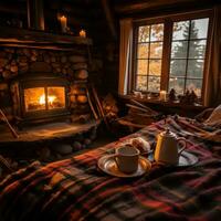 AI generated A cozy cabin interior with a roaring fireplace, soft blankets, and a hot cup of tea photo