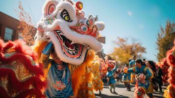 AI generated A colorful parade featuring dragon dancers, lion dancers photo