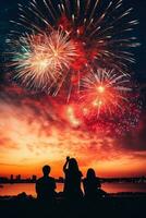 AI generated A colorful photo of fireworks bursting in the sky, with a silhouette of people watching in the foreground