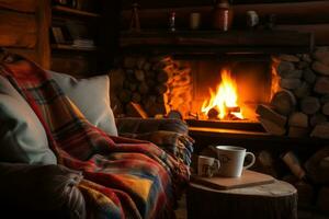 ai generado un acogedor cabina interior con un rugido chimenea, suave mantas, y un caliente taza de té foto