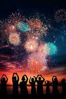 AI generated A colorful photo of fireworks bursting in the sky, with a silhouette of people watching in the foreground