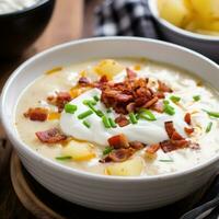 AI generated A creamy and comforting potato soup with bits of crispy bacon and a dollop of sour cream on top photo