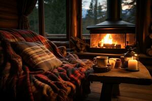 AI generated A cozy cabin interior with a roaring fireplace, soft blankets, and a hot cup of tea photo