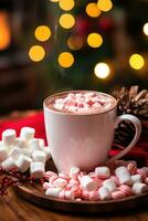 AI generated a cup of hot cocoa with marshmallows and a candy cane, photo