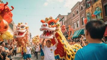 AI generated A colorful parade featuring dragon dancers, lion dancers photo