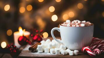 AI generated a cup of hot cocoa with marshmallows and a candy cane, photo